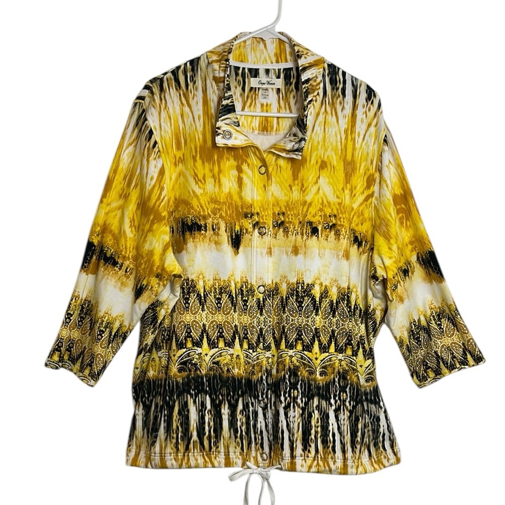 Onque Black & Yellow Paisley Tie-Dye Print Snap Cardigan Size 2X